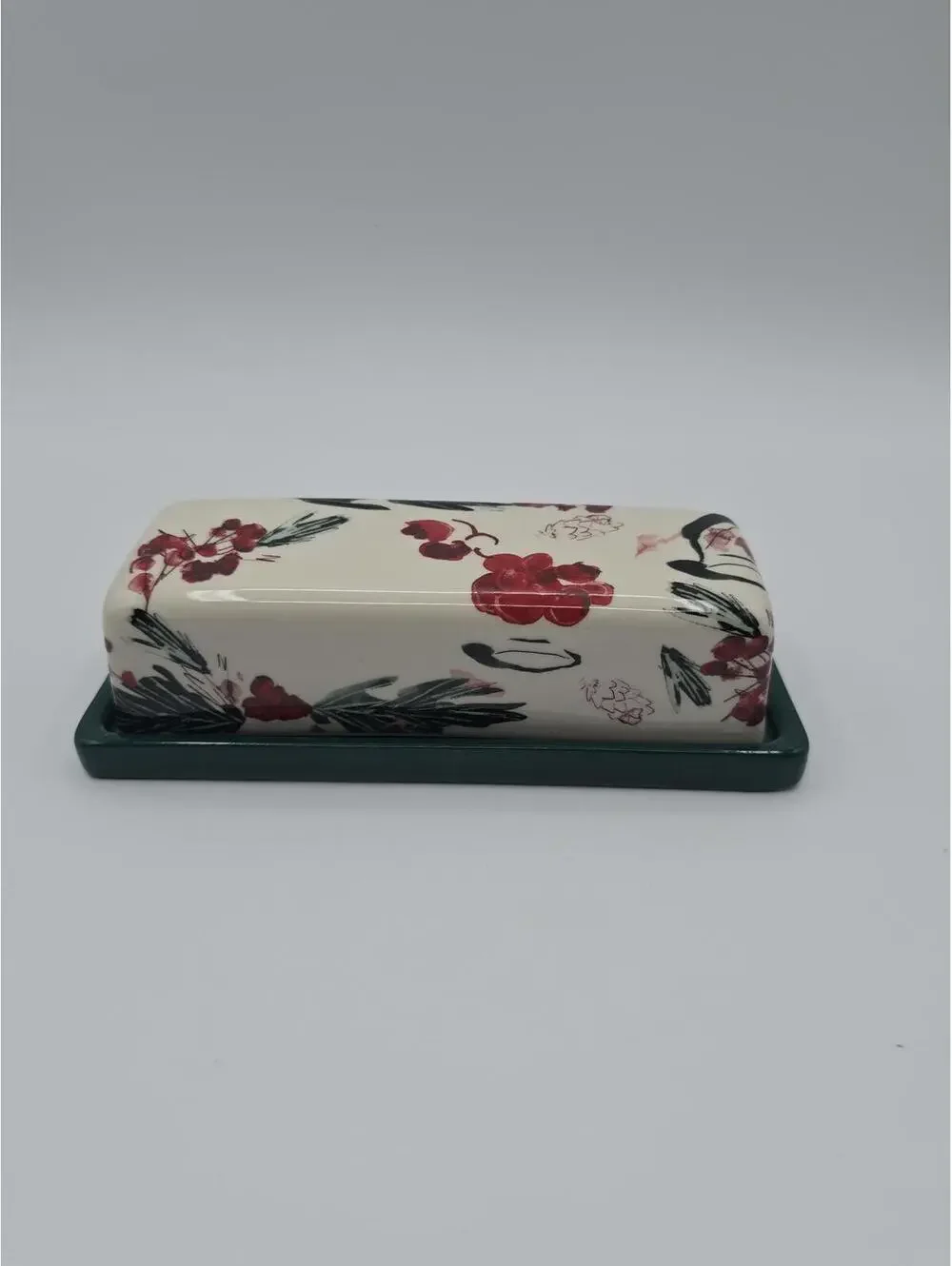 Anthropologie Holly Berry Stoneware Butter Dish Green Base Holiday Kitchen Decor